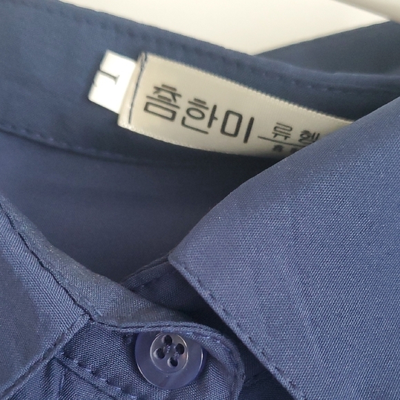 Elegant Blue Midi Dress with Tan Belt - Picture 2 of 4